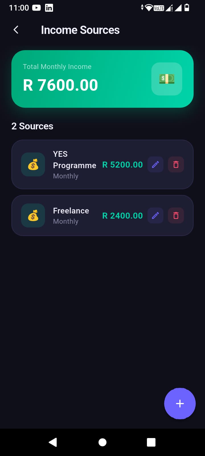 Income tracking screen